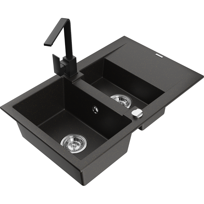 Mexen Gaspar 1.5-compartment granite sink with a drip tray and kitchen mixer tap Rita, Black/Gold - 6507-75-670300-70