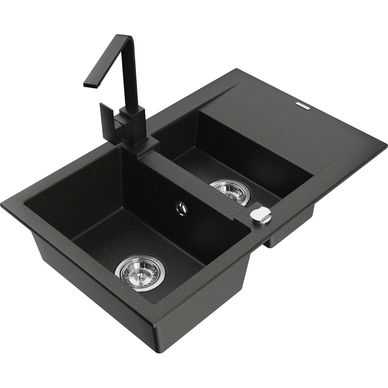 Mexen Gaspar granit sink 1.5-bowl with drainer and kitchen faucet Rita, black/gold - 6507-75-670300-70