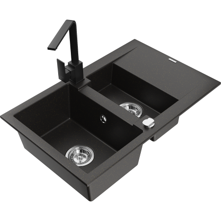 Mexen Gaspar 1.5-bowl granite sink with drainer and Rita kitchen faucet, black/gold - 6507-75-670300-70