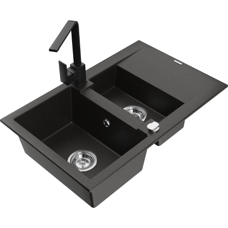 Mexen Gaspar granit sink 1.5-bowl with drainer and kitchen faucet Rita, black/gold - 6507-75-670300-70