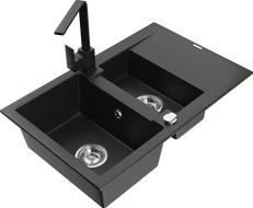 Mexen Gaspar 1.5-bowl granite sink with drainer and Rita kitchen faucet, black/gold - 6507-75-670300-70