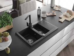 Mexen Gaspar 1.5-compartment granite sink with a drip tray and kitchen mixer tap Rita, Black/Gold - 6507-75-670300-70