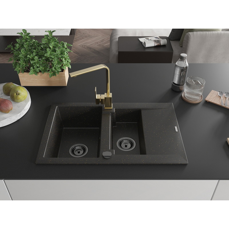Mexen Gaspar granite sink 1.5-bowl with drainer and kitchen faucet Rita, black/gold - 6507-75-670300-50-B