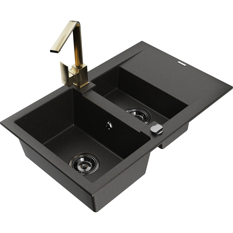 Mexen Gaspar granite sink 1.5-bowl with drainer and kitchen faucet Rita, black/gold - 6507-75-670300-50-B