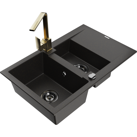 Mexen Gaspar 1.5-compartment granite sink with a drip tray and kitchen mixer tap Rita, Black/Gold - 6507-75-670300-50-B