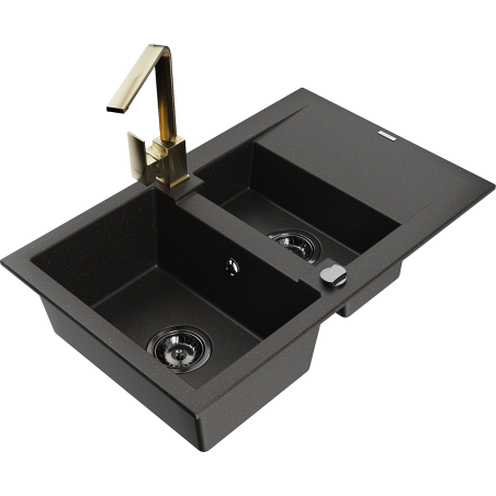 Mexen Gaspar granite sink 1.5-bowl with drainer and Rita kitchen tap, black/gold - 6507-75-670300-50-B