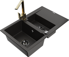 Mexen Gaspar granite sink 1.5-bowl with drainer and Rita kitchen tap, black/gold - 6507-75-670300-50-B