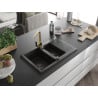 Mexen Gaspar granite sink 1.5-bowl with drainer and Rita kitchen tap, black/gold - 6507-75-670300-50-B