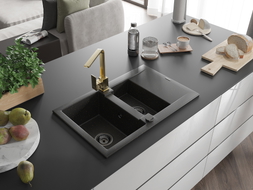 Mexen Gaspar granite sink 1.5-bowl with drainer and kitchen faucet Rita, black/gold - 6507-75-670300-50-B