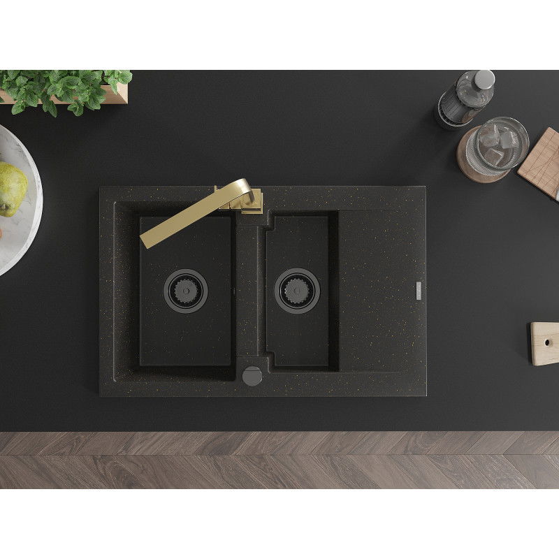 Mexen Gaspar granite sink 1.5-bowl with drainer and Rita kitchen tap, black/gold - 6507-75-670300-50-B