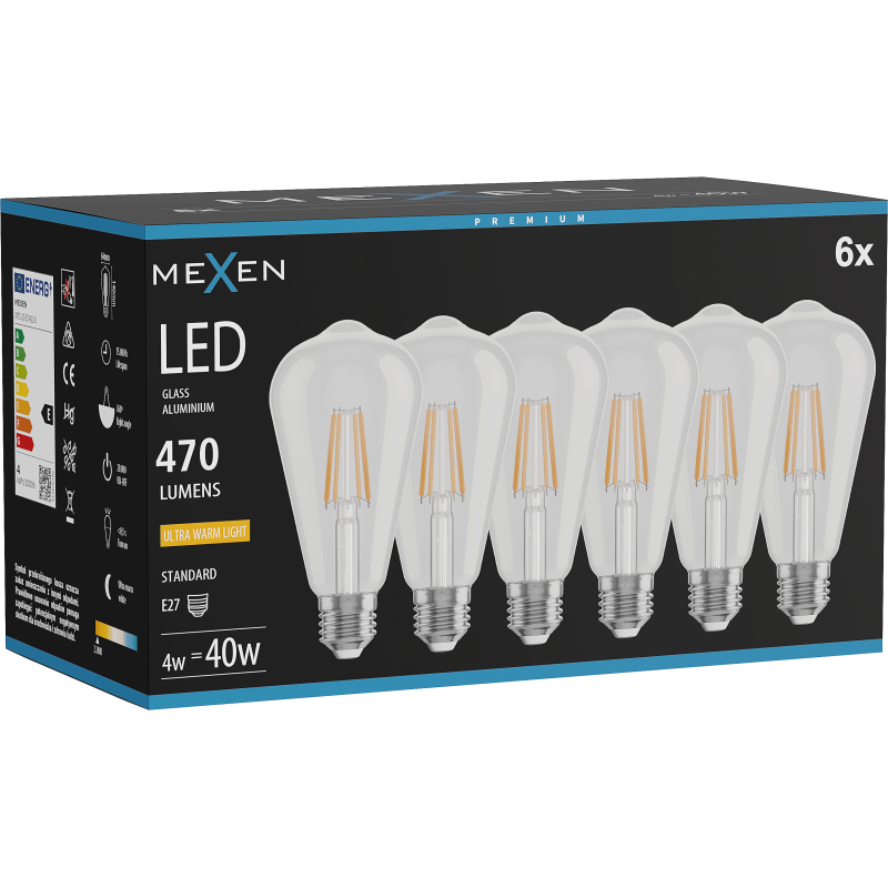 Mexen Vintis 6x LED Filament Bulb E27, ST64, 4W, Warm - 2200K, 470 lm, clear - L152-E27-0422-00x06