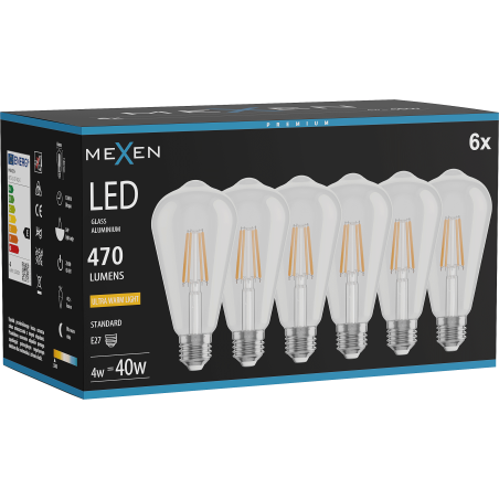 Mexen Vintis 6x LED Filament Bulb E27, ST64, 4W, Warm - 2200K, 470 lm, clear - L152-E27-0422-00x06