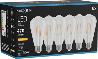 Mexen Vintis 6x LED Filament Bulb E27, ST64, 4W, Warm - 2200K, 470 lm, clear - L152-E27-0422-00x06