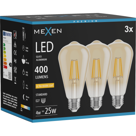 Mexen Vintis 3x LED Filament Bulb E27, ST64, 4W, Warm - 2200K, 400 lm, amber - L152-E27-0422-50x03