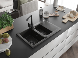Mexen Gaspar 1.5-bowl granite sink with drainer and kitchen faucet Rita, black/gold - 6507-75-670300-70-B