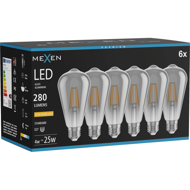 Mexen Vintis 6x LED Filament Bulb E27, ST64, 4W, Warm - 2200K, 300 lm, smoke - L152-E27-0422-70x06