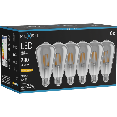 Mexen Vintis 6x LED Filament Bulb E27, ST64, 4W, Warm - 2200K, 300 lm, smoke - L152-E27-0422-70x06