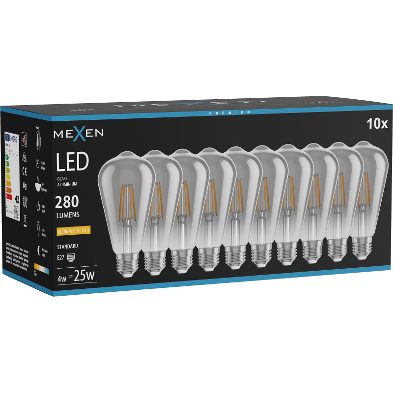 Mexen Vintis 10x LED Filament Bulb E27, ST64, 4W, Warm - 2200K, 300 lm, smoke - L152-E27-0422-70x10
