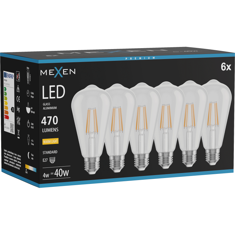 Mexen Vintis 6x LED Filament Bulb E27, ST64, 4W, Warm - 2700K, 470 lm, clear - L152-E27-0427-00x06
