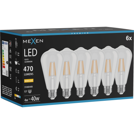 Mexen Vintis 6x LED Filament Bulb E27, ST64, 4W, Warm - 2700K, 470 lm, clear - L152-E27-0427-00x06