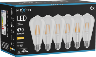 Mexen Vintis 6x LED Filament Bulb E27, ST64, 4W, Warm - 2700K, 470 lm, clear - L152-E27-0427-00x06