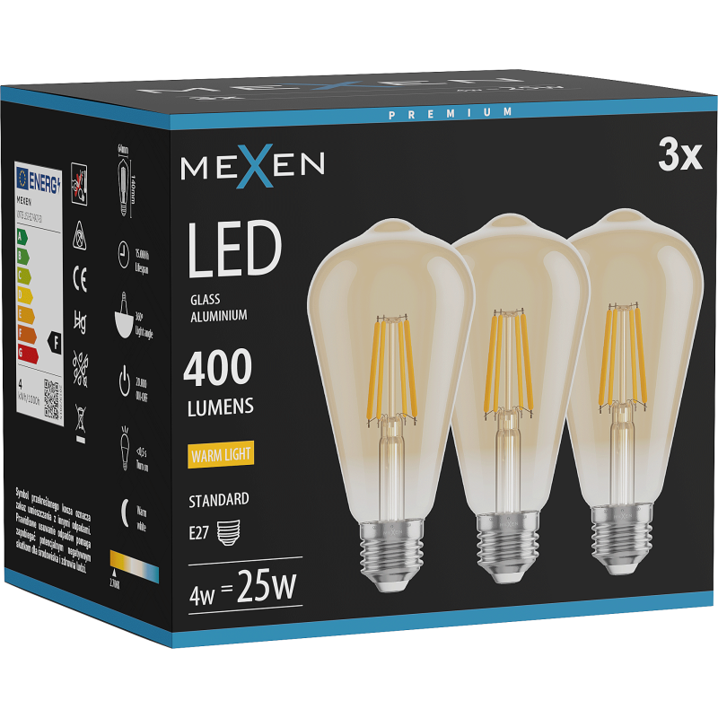 Mexen Vintis 3x Filament LED Bulb E27, ST64, 4W, Warm - 2700K, 400 lm, amber - L152-E27-0427-50x03