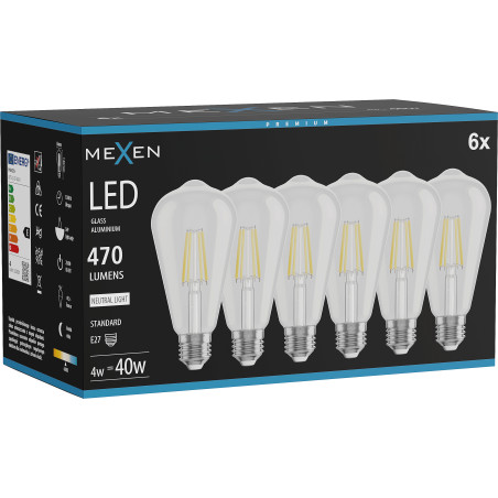 Mexen Vintis 6x LED Filament Bulb E27, ST64, 4W, Neutral - 4000K, 470 lm, clear - L152-E27-0440-00x06