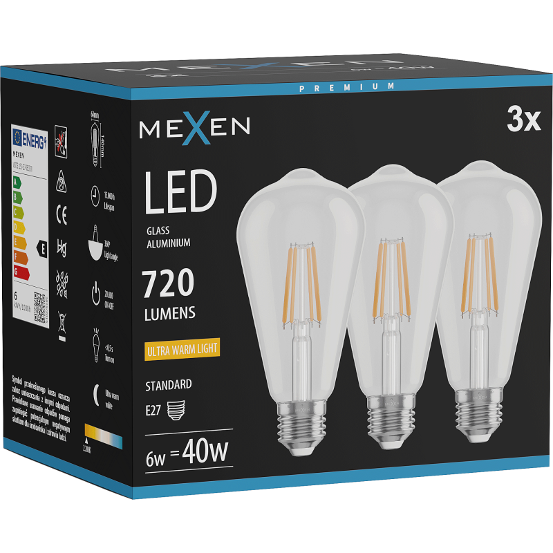 Mexen Vintis 3x LED Filament Bulb E27, ST64, 6W, Warm - 2200K, 720 lm, clear - L152-E27-0622-00x03