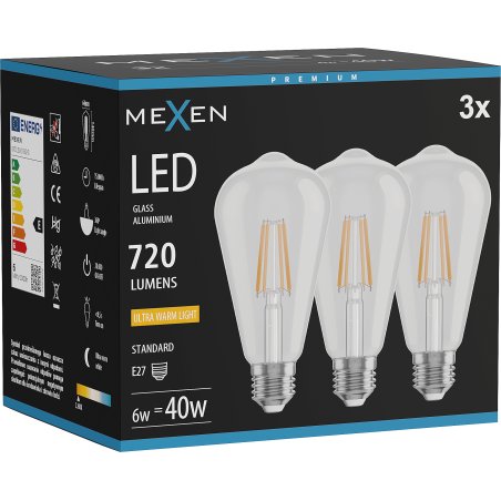 Mexen Vintis 3x LED Filament Bulb E27, ST64, 6W, Warm - 2200K, 720 lm, clear - L152-E27-0622-00x03