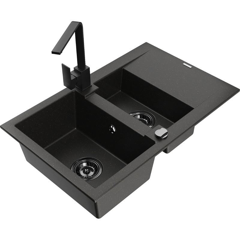 Mexen Gaspar 1.5-bowl granite sink with drainer and Rita kitchen faucet, black/gold - 6507-75-670300-70-B