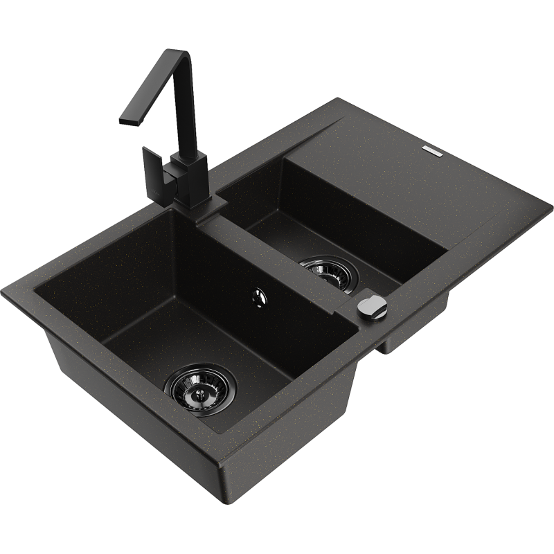 Mexen Gaspar 1.5-bowl granite sink with drainer and Rita kitchen tap, black/gold - 6507-75-670300-70-B