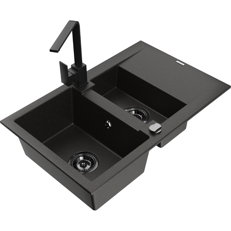Mexen Gaspar 1.5-compartment granite sink with a drip tray and kitchen mixer tap Rita, Black/Gold - 6507-75-670300-70-B
