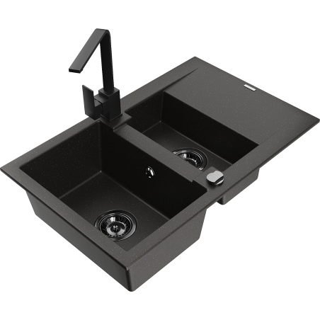 Mexen Gaspar 1.5-bowl granite sink with drainer and Rita kitchen faucet, black/gold - 6507-75-670300-70-B