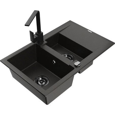 Mexen Gaspar 1.5-bowl granite sink with drainer and Rita kitchen tap, black/gold - 6507-75-670300-70-B