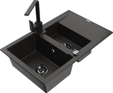 Mexen Gaspar 1.5-bowl granite sink with drainer and kitchen faucet Rita, black/gold - 6507-75-670300-70-B