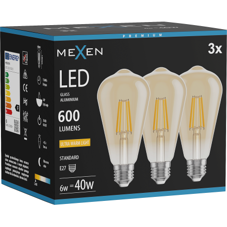 Mexen Vintis 3x LED Filament Bulb E27, ST64, 6W, Warm - 2200K, 600 lm, amber - L152-E27-0622-50x03
