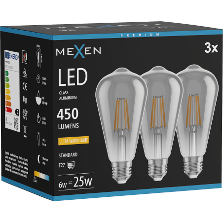Mexen Vintis 3x LED Filament Bulb E27, ST64, 6W, Warm - 2200K, 450 lm, smoke - L152-E27-0622-70x03