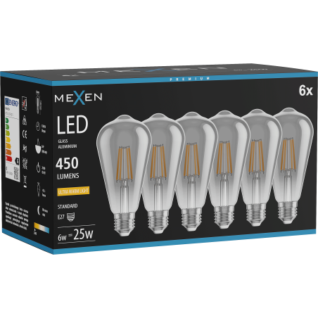 Mexen Vintis 6x LED Filament Bulb E27, ST64, 6W, Warm - 2200K, 450 lm, smoke - L152-E27-0622-70x06
