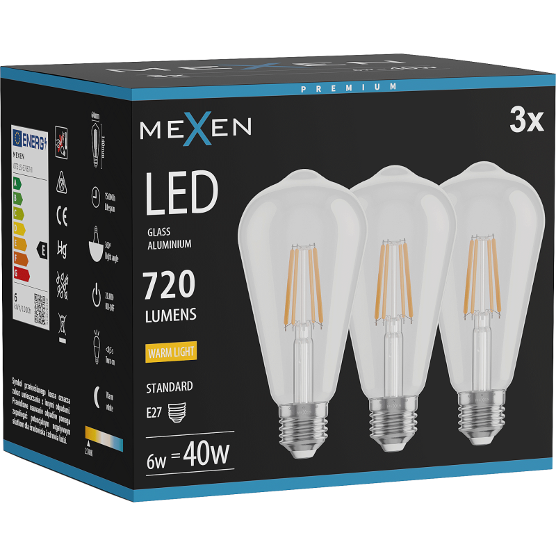 Mexen Vintis 3x LED filament bulb E27, ST64, 6W, Warm - 2700K, 720 lm, clear - L152-E27-0627-00x03