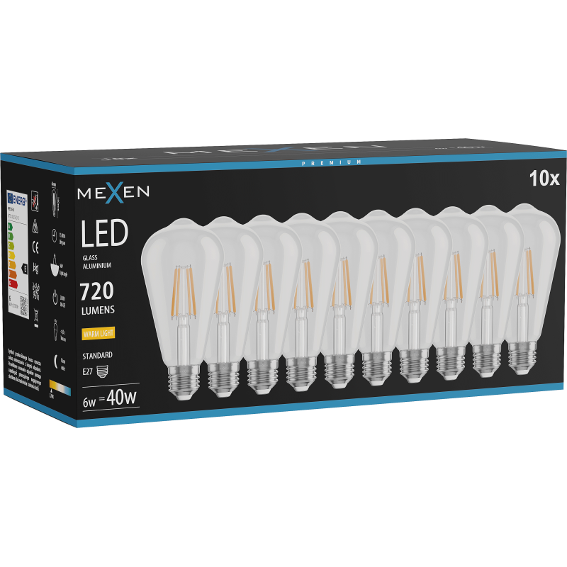 Mexen Vintis 10x LED Filament Bulb E27, ST64, 6W, Warm - 2700K, 720 lm, clear - L152-E27-0627-00x10