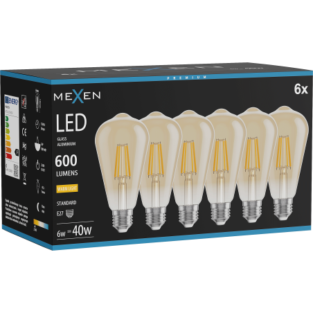 Mexen Vintis 6x LED filament bulb E27, ST64, 6W, Warm - 2700K, 600 lm, amber - L152-E27-0627-50x06