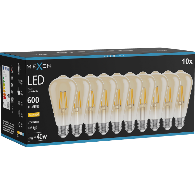 Mexen Vintis 10x LED Filament Bulb E27, ST64, 6W, Warm - 2700K, 600 lm, amber - L152-E27-0627-50x10