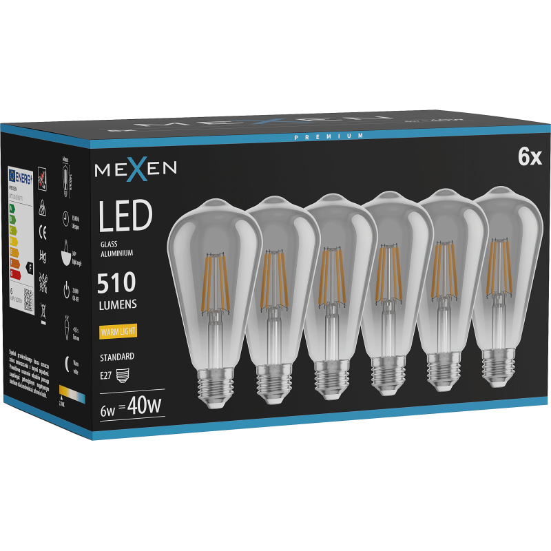 Mexen Vintis 6x LED Filament Bulb E27, ST64, 6W, Warm - 2700K, 510 lm, smoke - L152-E27-0627-70x06