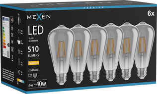 Mexen Vintis 6x LED Filament Bulb E27, ST64, 6W, Warm - 2700K, 510 lm, smoke - L152-E27-0627-70x06