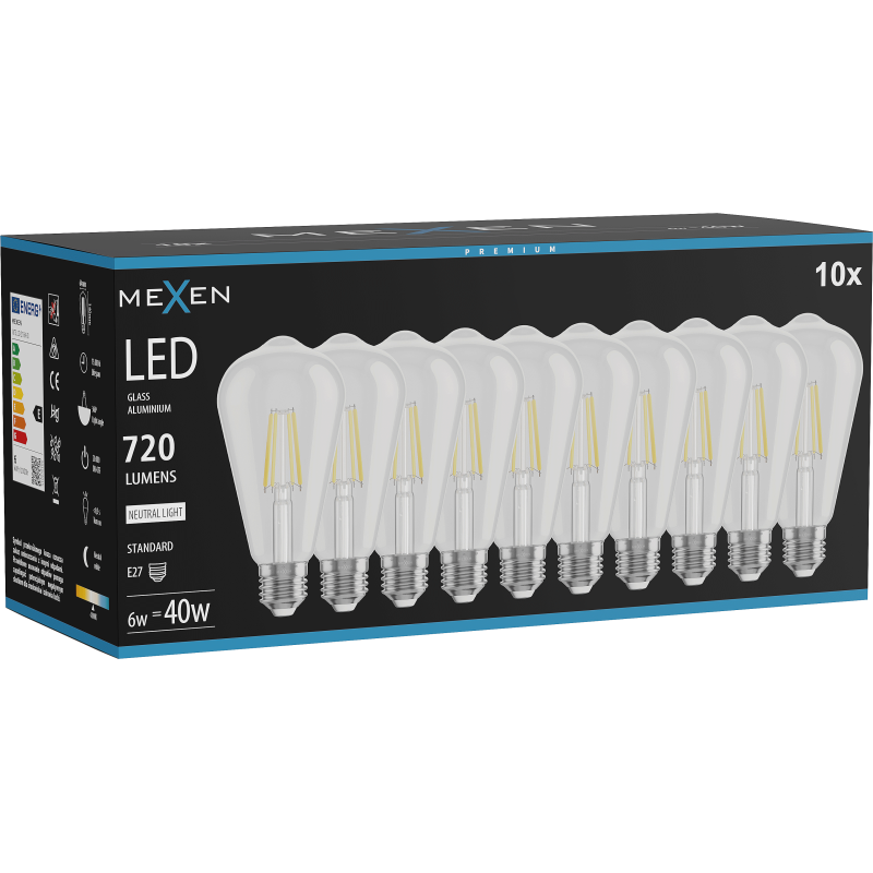 Mexen Vintis 10x LED Filament Bulb E27, ST64, 6W, Neutral - 4000K, 720 lm, clear - L152-E27-0640-00x10
