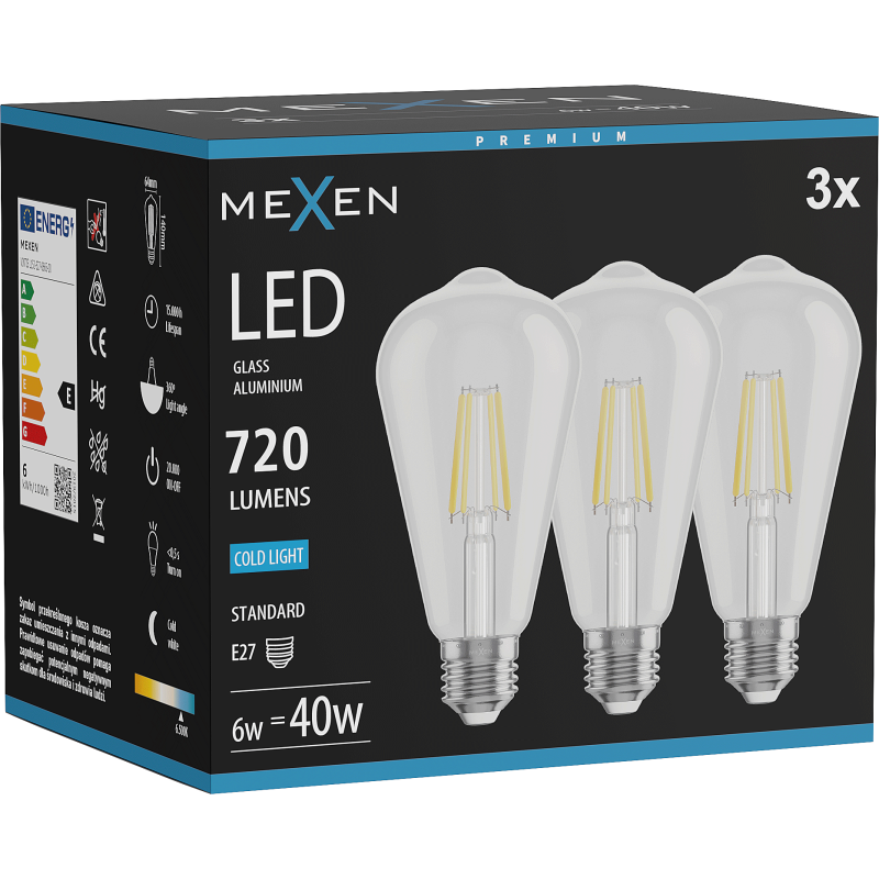 Mexen Vintis 3x LED filament bulb E27, ST64, 6W, Cold - 6500K, 720 lm, clear - L152-E27-0665-00x03