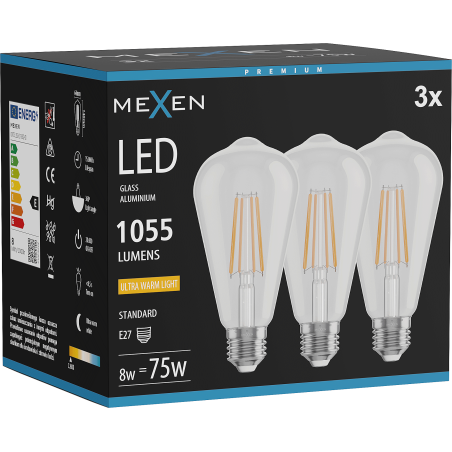 Mexen Vintis 3x LED Filament Bulb E27, ST64, 8W, Warm - 2200K, 1055 lm, clear - L152-E27-0822-00x03