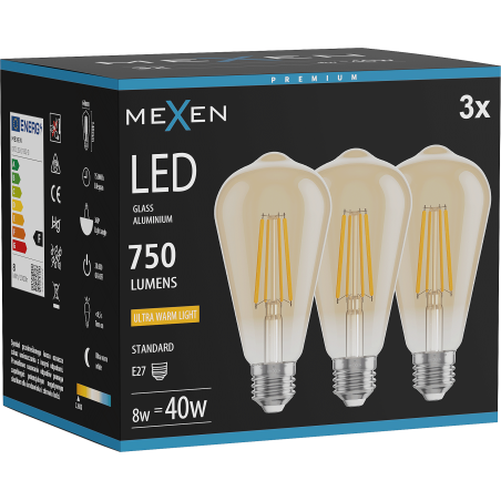 Mexen Vintis 3x filament LED bulb E27, ST64, 8W, Warm - 2200K, 750 lm, amber - L152-E27-0822-50x03