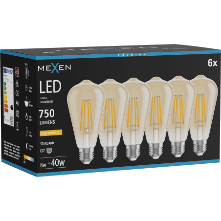 Mexen Vintis 6x LED Filament Bulb E27, ST64, 8W, Warm - 2200K, 750 lm, amber - L152-E27-0822-50x06