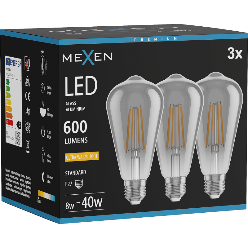 Mexen Vintis 3x LED Filament Bulb E27, ST64, 8W, Warm - 2200K, 600 lm, Smoke - L152-E27-0822-70x03
